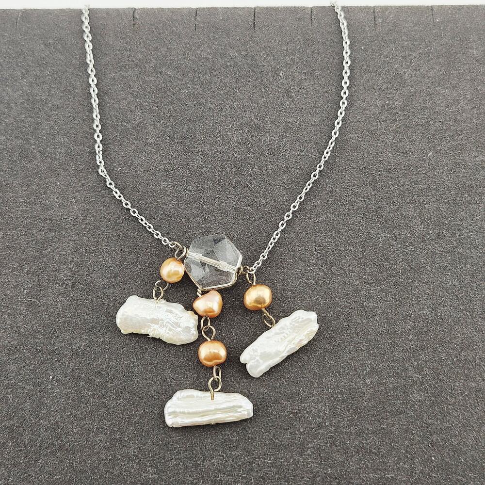 Pearl Dangle Drop Pendant On Silver Tone Chain Necklace Coastal Beachy Mermaid